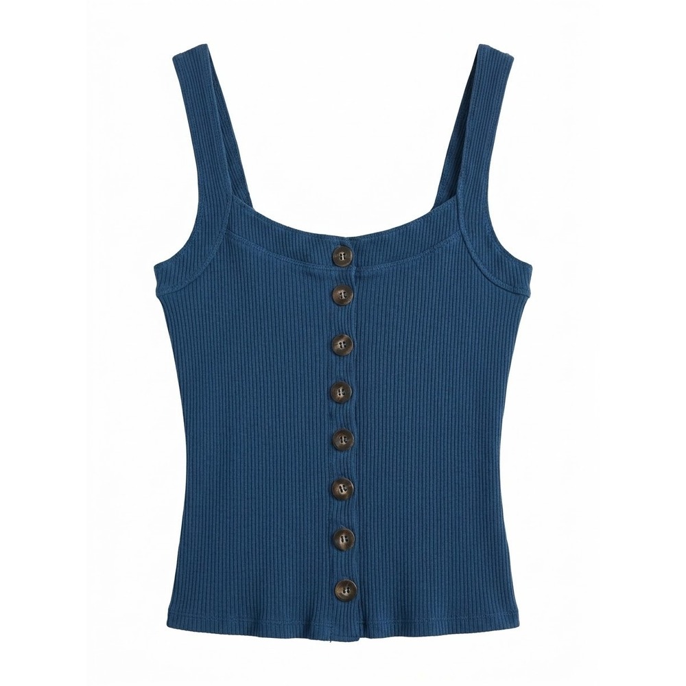 Free People Tank Top Womens Small Blue Ribbed Button Down Lettuce Hem